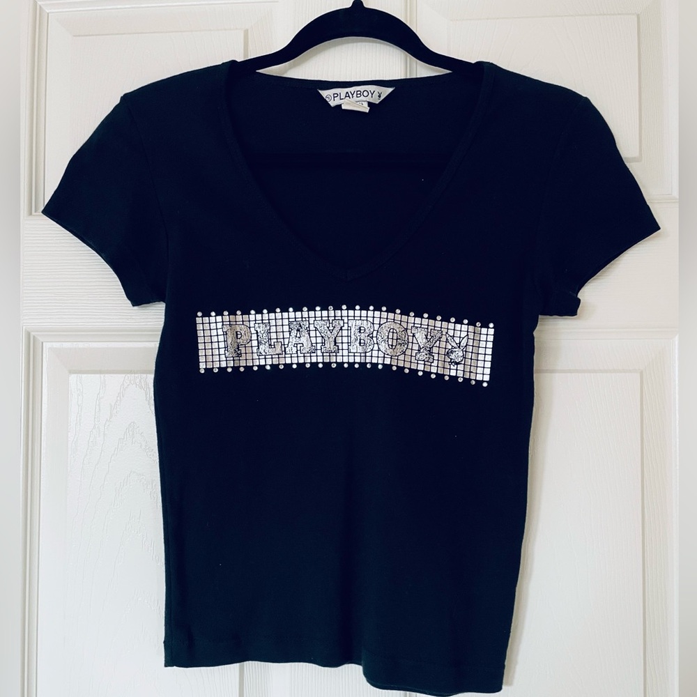 🖤 Playboy | Vintage | Black Logo Tee | Y2K | Graphic T-Shirt w silver accents